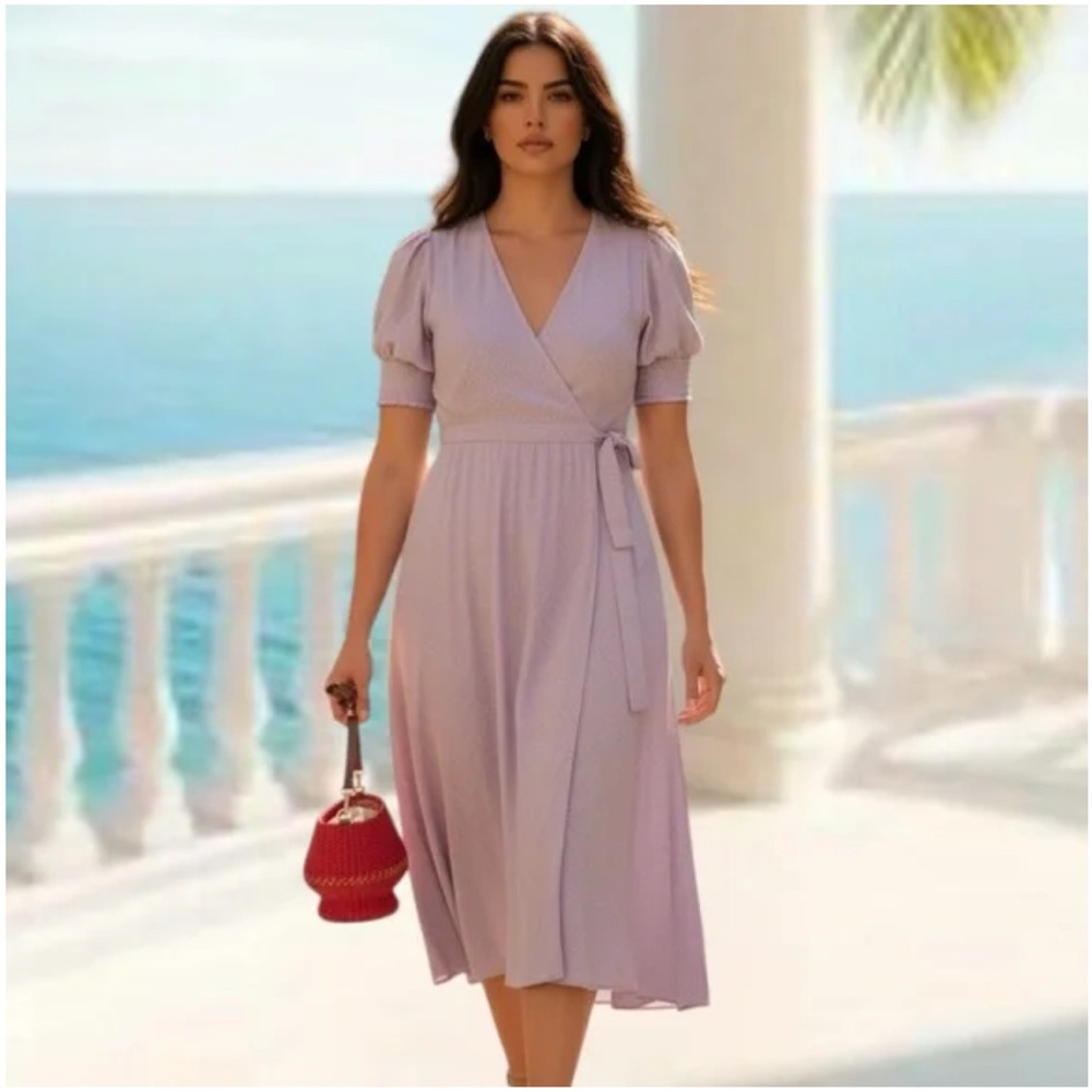 Anthropologie Lilac Wrap Midi Dress with Puff Sleeves